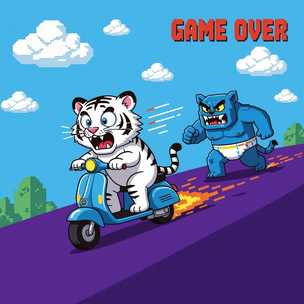 A flustered white tiger getting chased by a blue tiger ogre