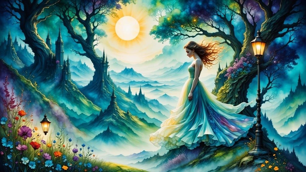 Surreal Dreamscape with Woman in Luminous Gradient