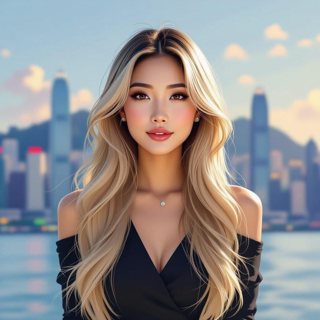 Airbrush Art of Asian Woman with Blonde Hair in City