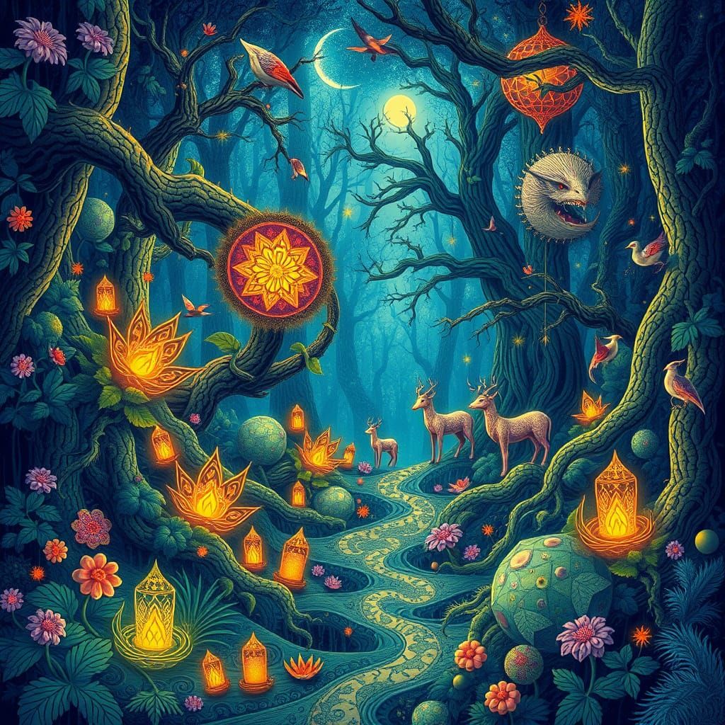 Mystical Forest with Glowing Plants in Fractal Style