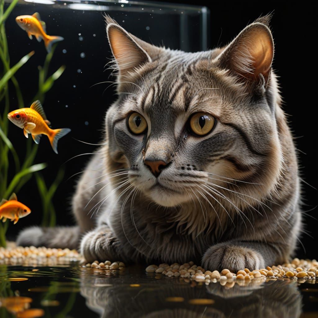 Photorealistic Gray Cat Observes Gold Fish in Tank