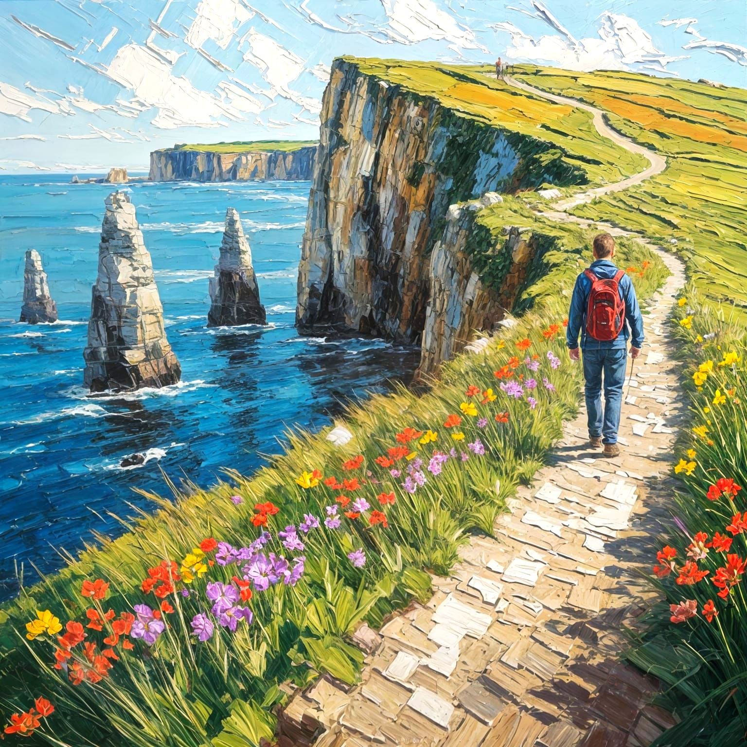 Coastal Cliff Path Walker in Impasto Oil Style