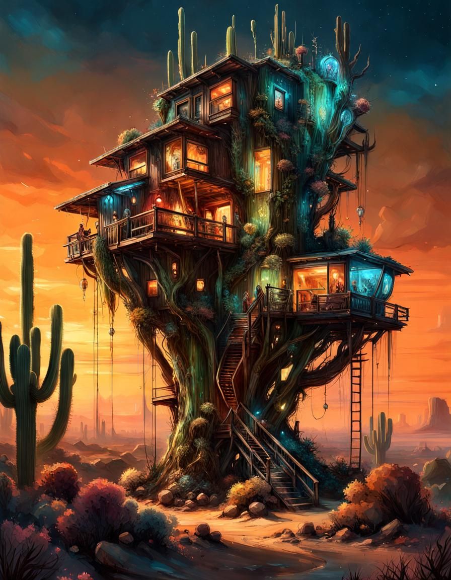 Bioluminescent Cactus Treehouse in Desert Night