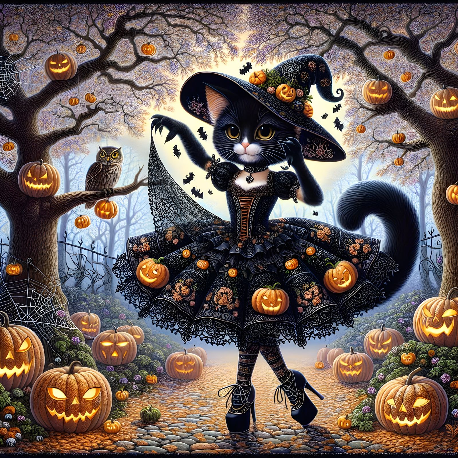 Anthropomorphic Cat in Witch Costume in Halloween Forest