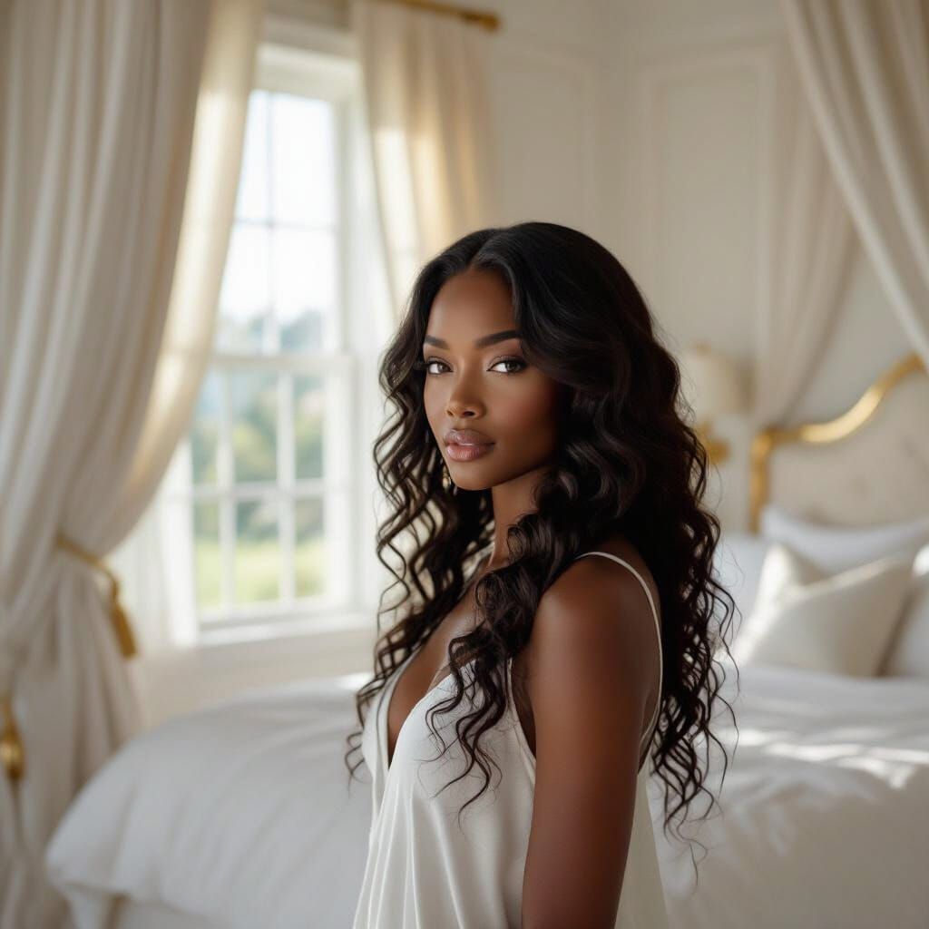 Elegant Black Woman Portrait in Luxurious Bedroom
