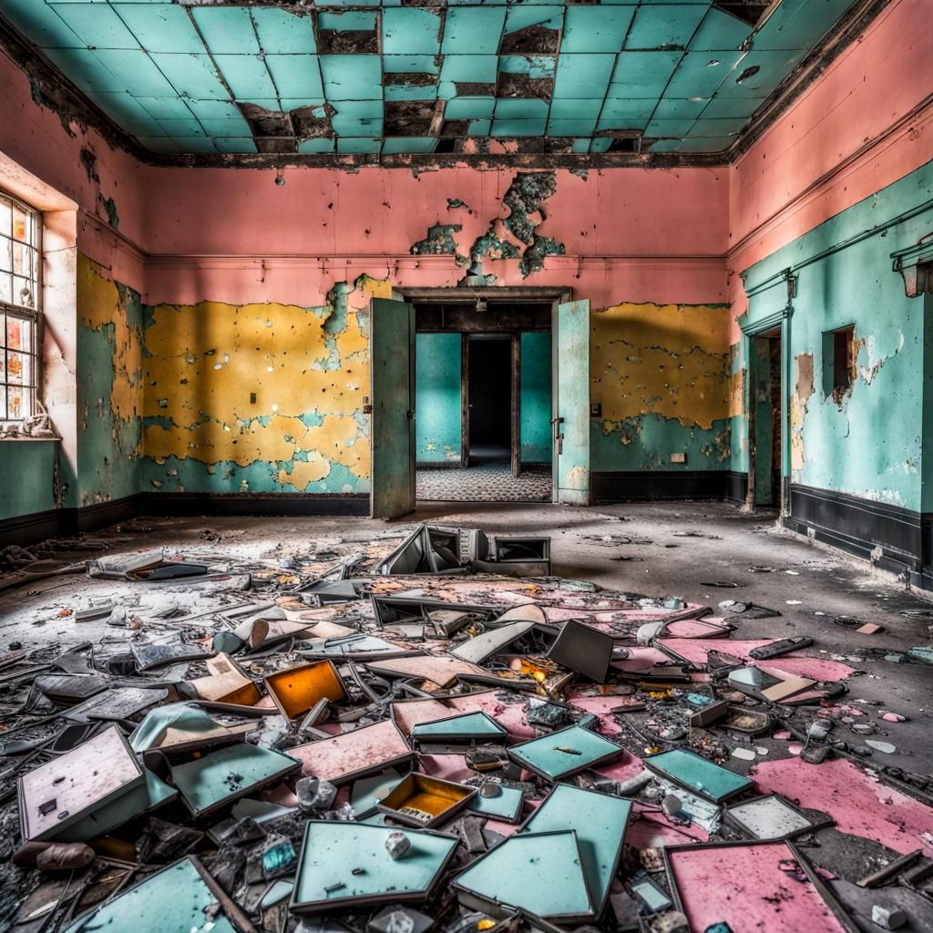 Abandoned Museum Hall with Broken Displays