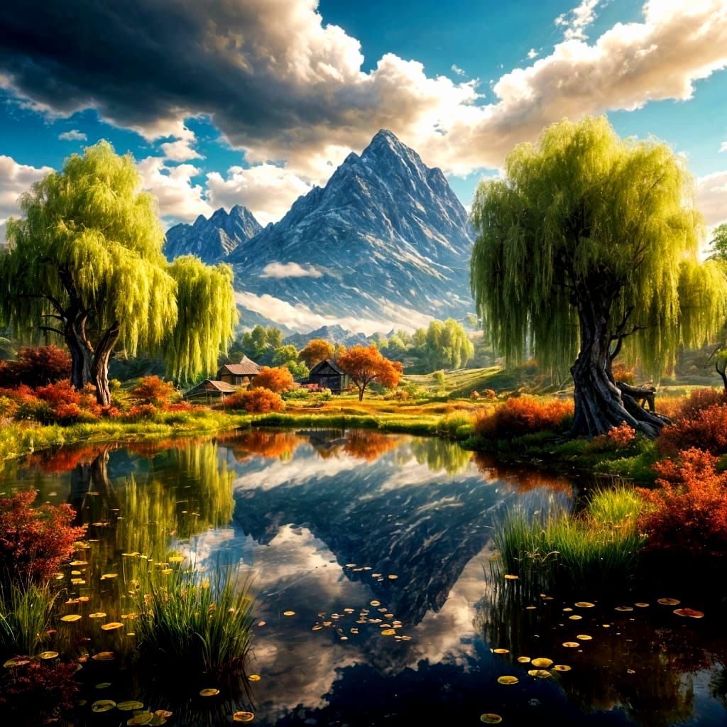 Fantastical Rural Landscape with Pond and Mountains