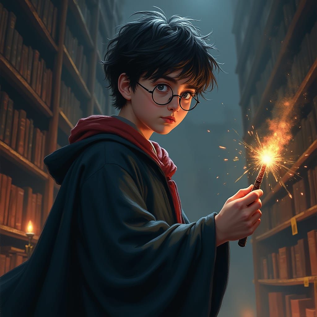 Young Wizard Casts Spell in Ancient Library