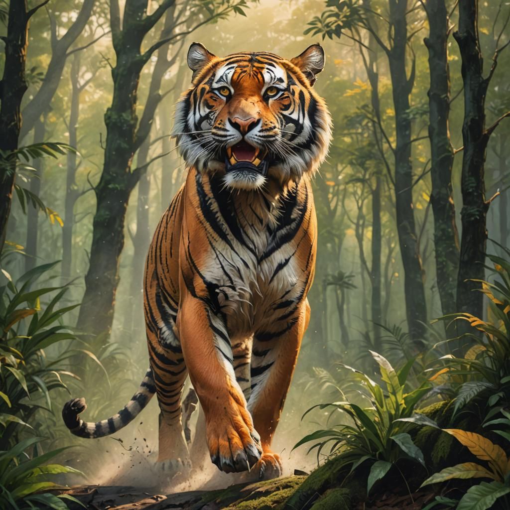 Tiger Emerges From Forest in Vibrant Illustration