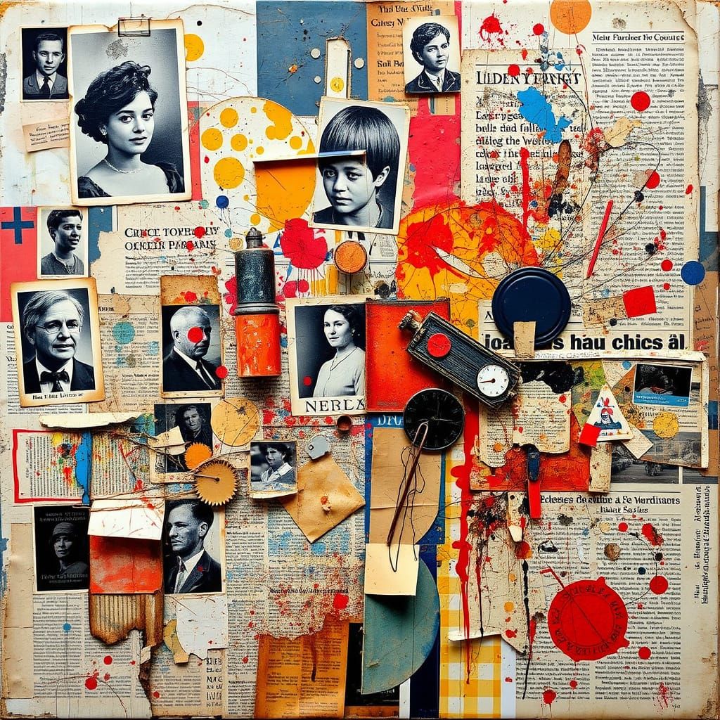 Vibrant Collage of Found Objects in Assemblage Style