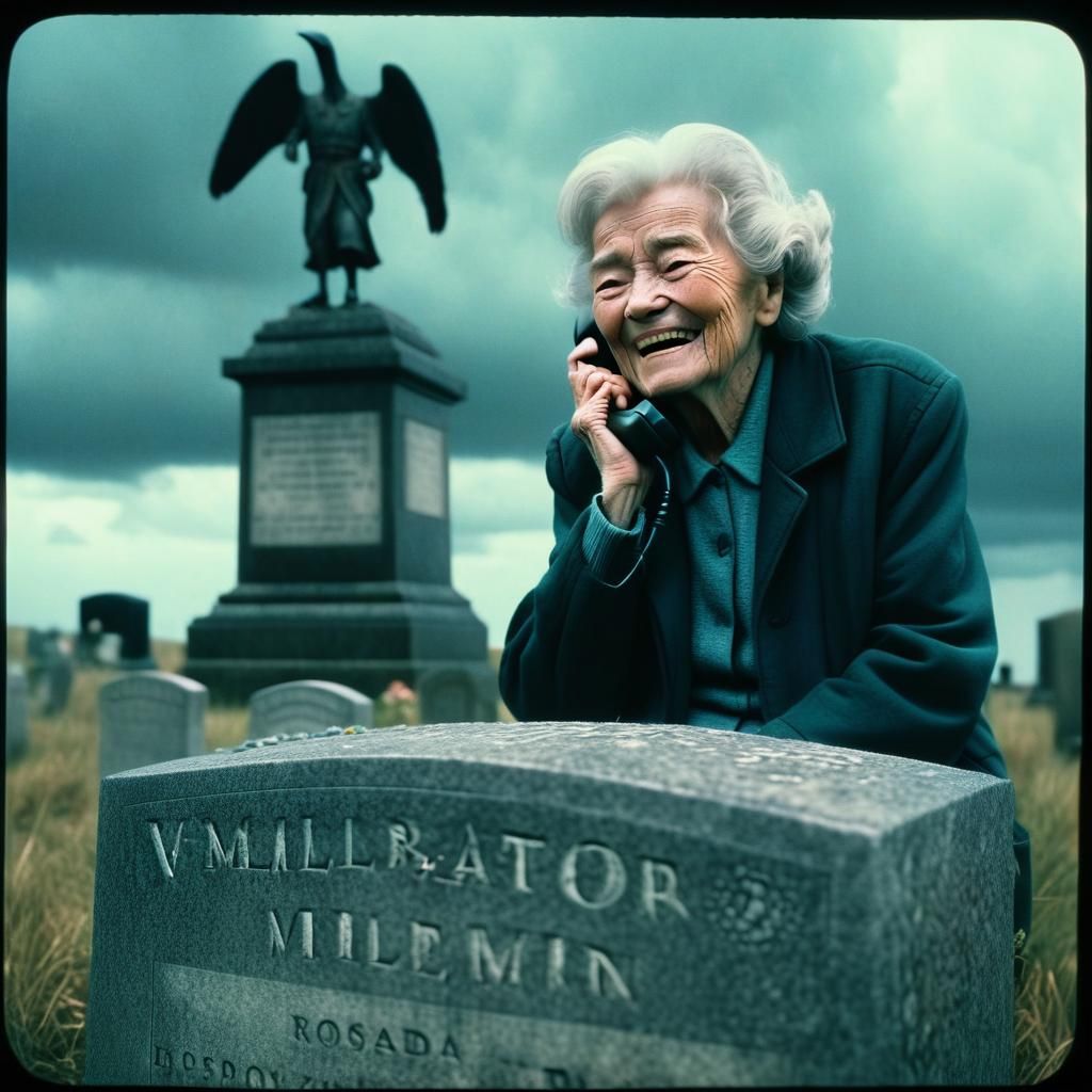 Dramatic Film Still: Smiling Man, Gravestone, Heaven