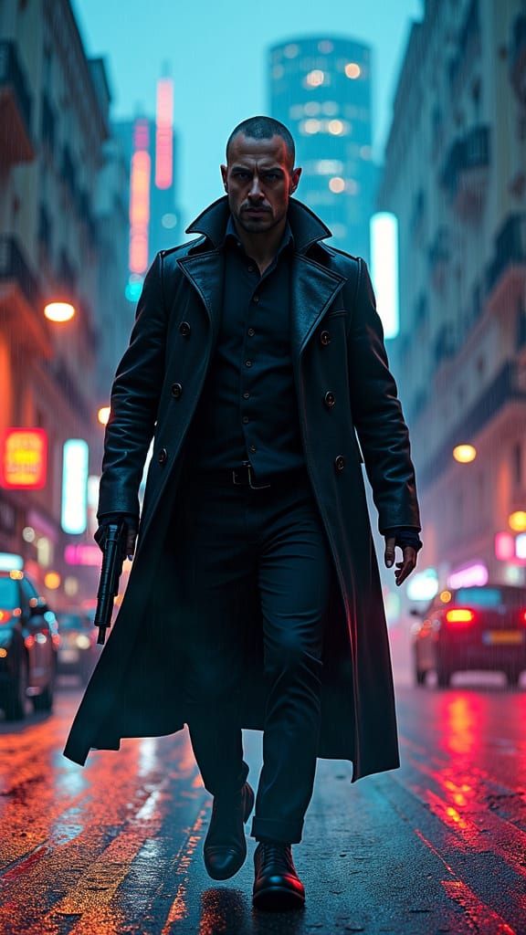 Gritty Agent Emerges from Neon Cityscape