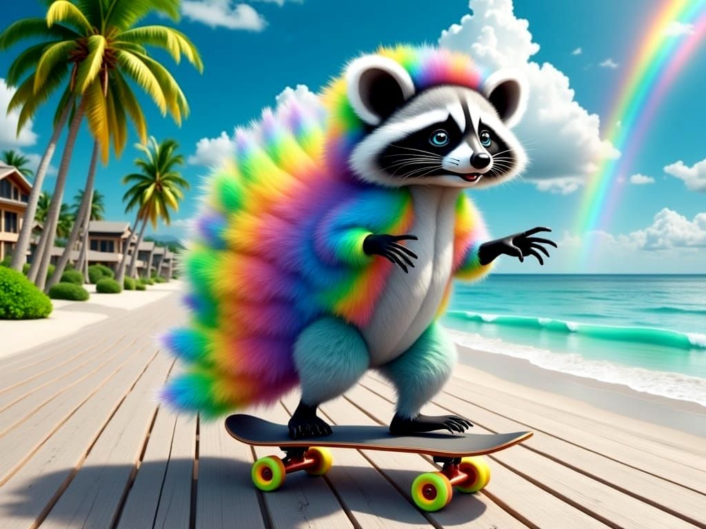 Hyper Realistic Rainbow Racoon Skates Along Tropical Beach B...