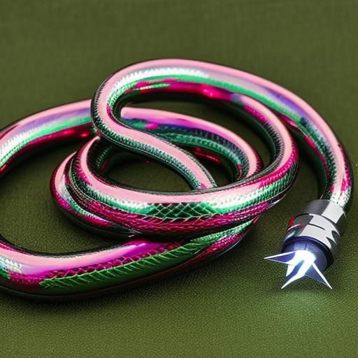 small thin tree has steel plated electric toy snake wrapped around it- snakes head has deep red eyes lights- texture of ...