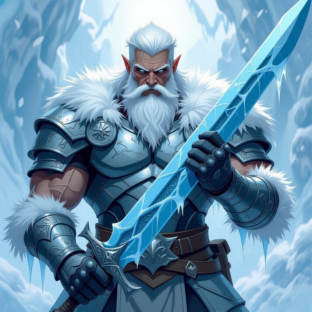 Fae Warrior in Rime-Crusted Armor with Blue Steel Sword