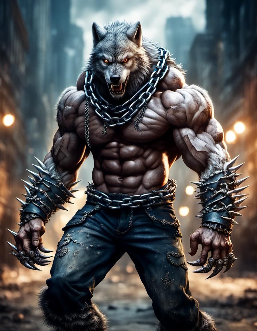 anthropomorphic Wolf man with massive muscular muscle ,8k resolution concept art with chains,spikes and huge claws