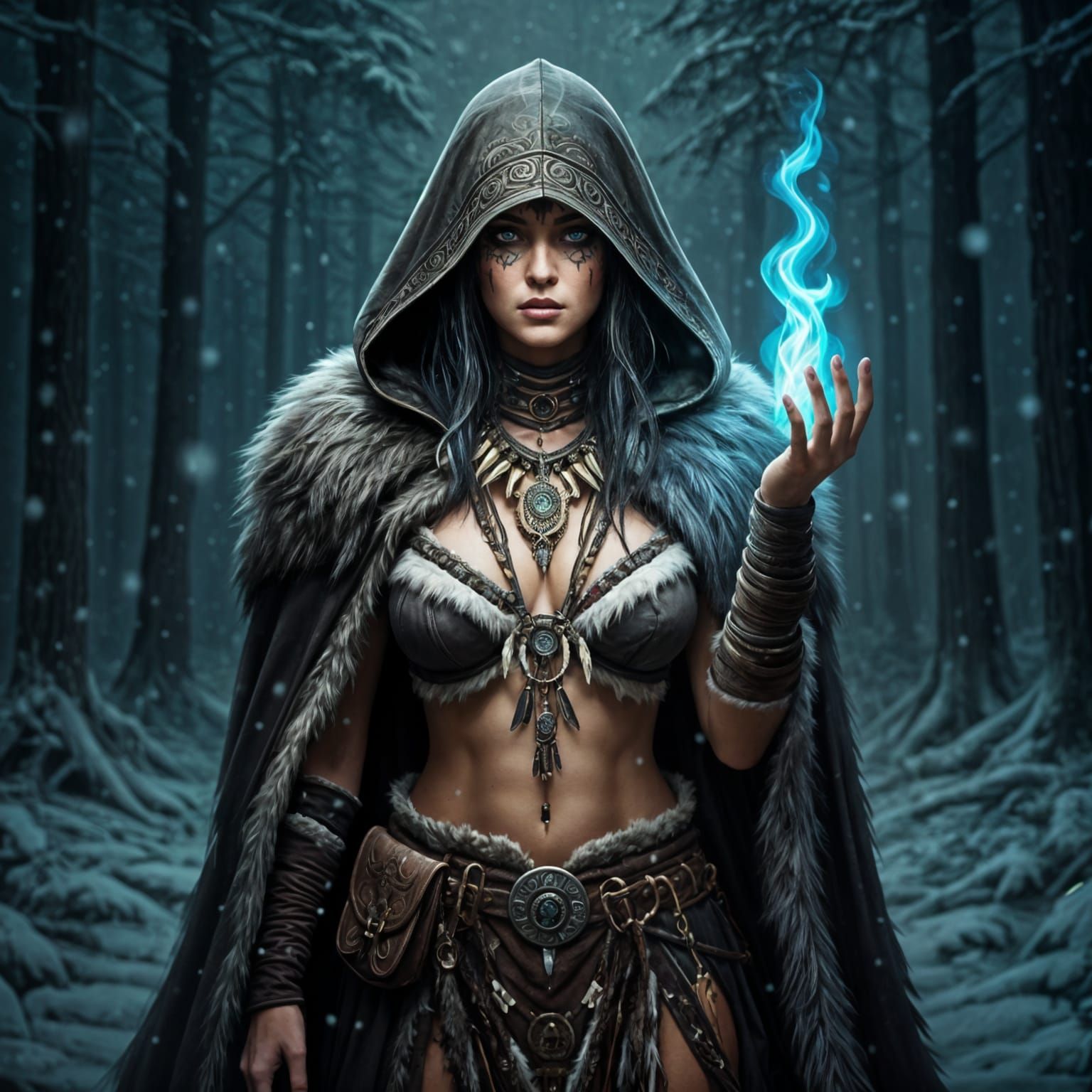 Mystical Female Shaman in Enchanted Forest at Night