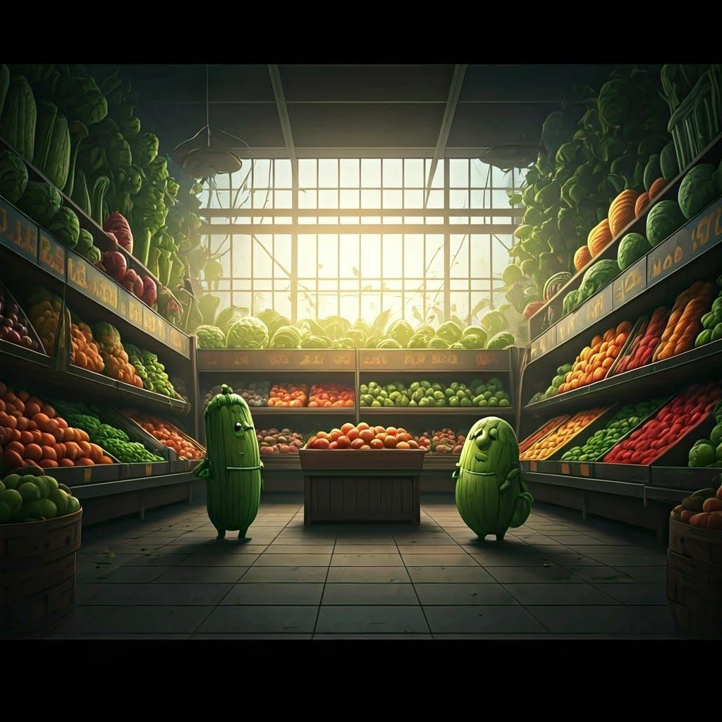 Anthropomorphic Fruits and Vegetables in a Grocery Store