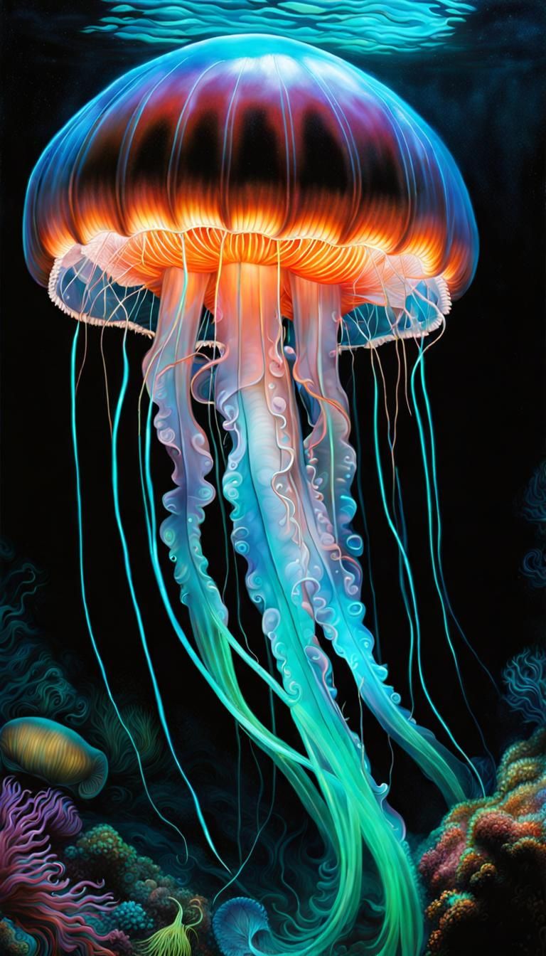 Giant Bioluminescent Jellyfish in Dark Water