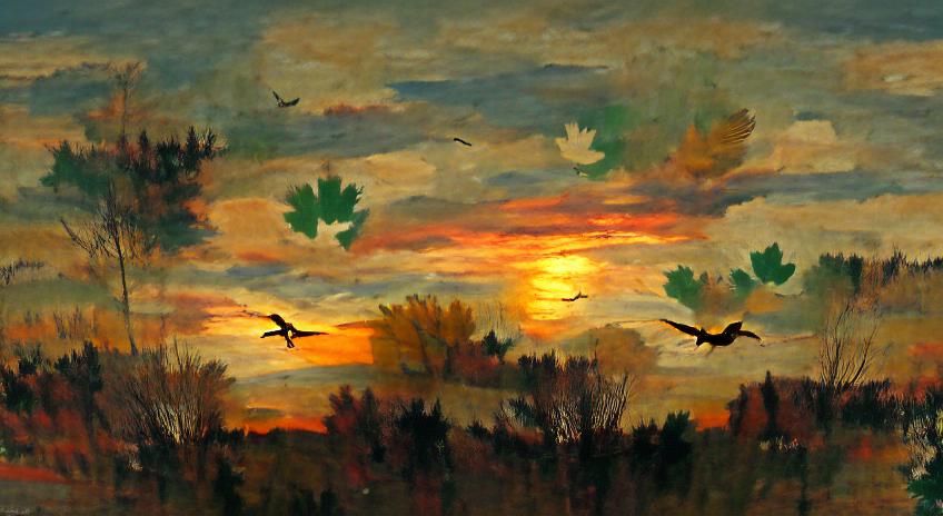 Bird in Sunset: Tonalist Landscape