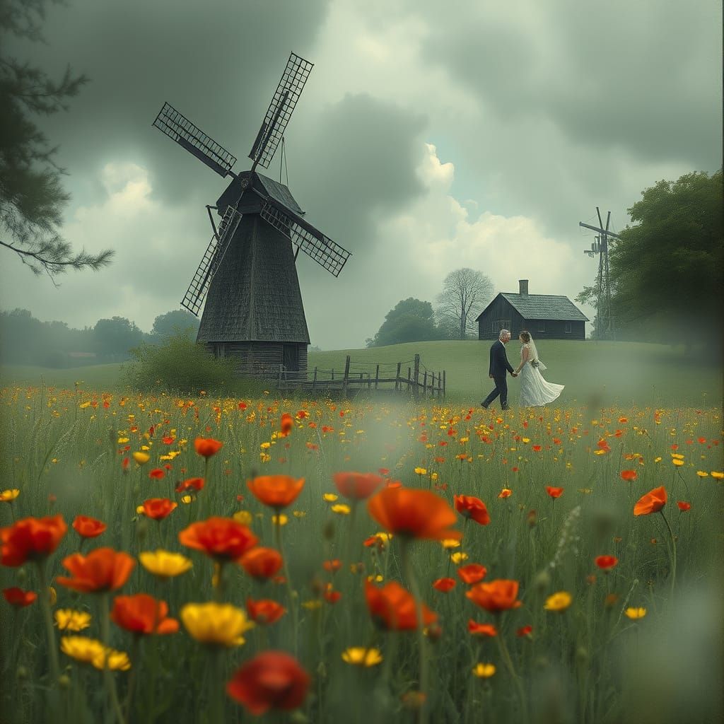 Whimsical Village Under the Golden Poppies