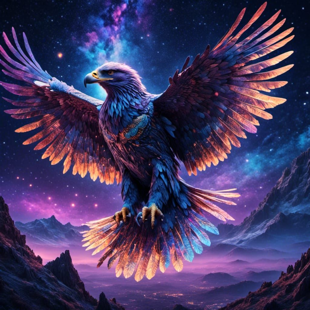 Ethereal Eagle Soaring Through Starry Skies