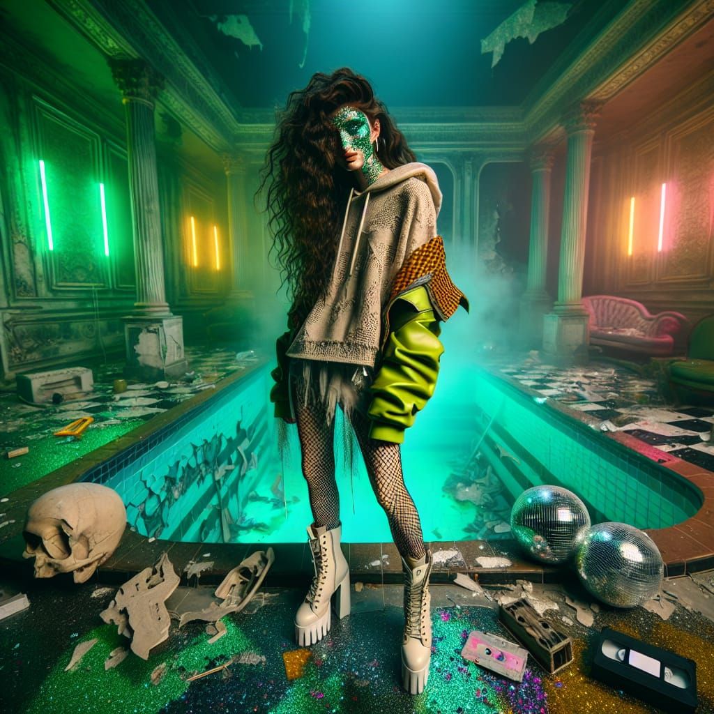 Edgy Pop Star in Abandoned Mansion with Neon Haze