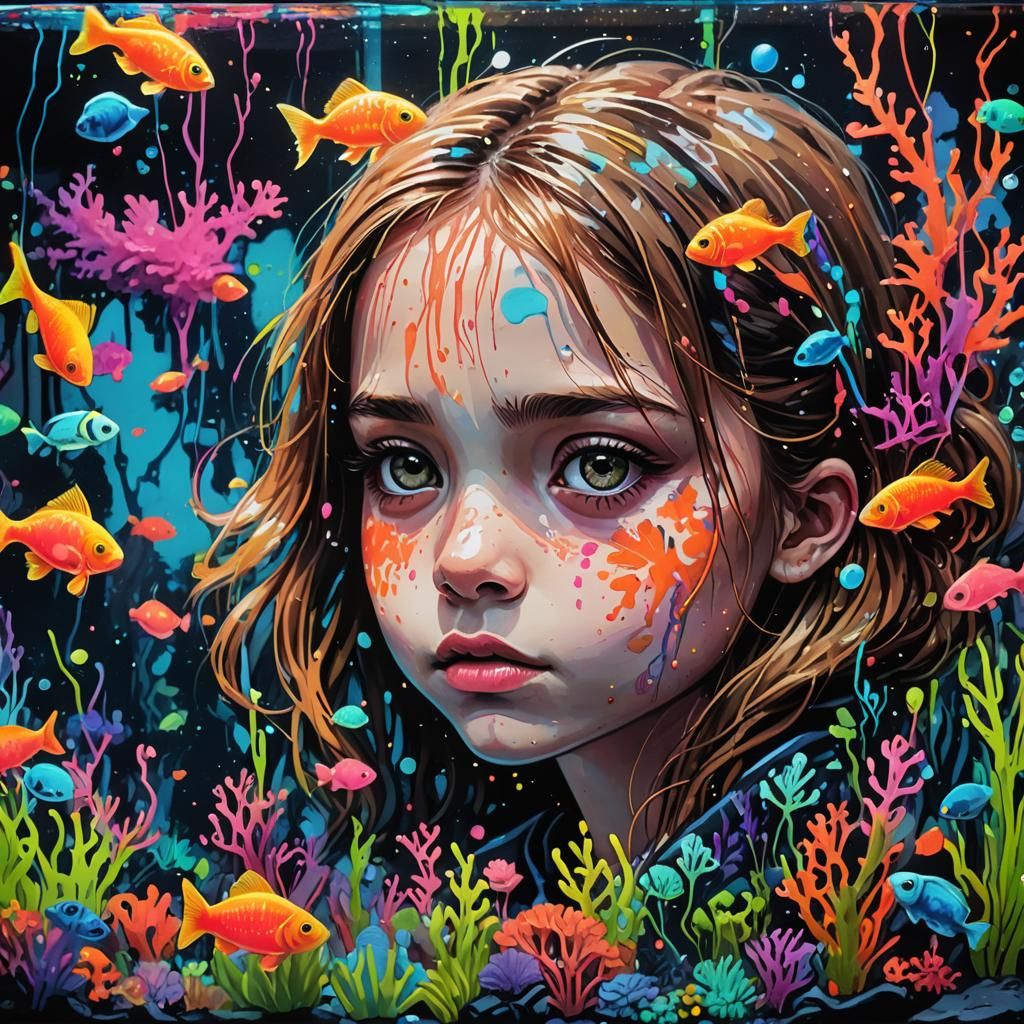 Girl in Graffiti Art Fish Tank with Glowing Coral