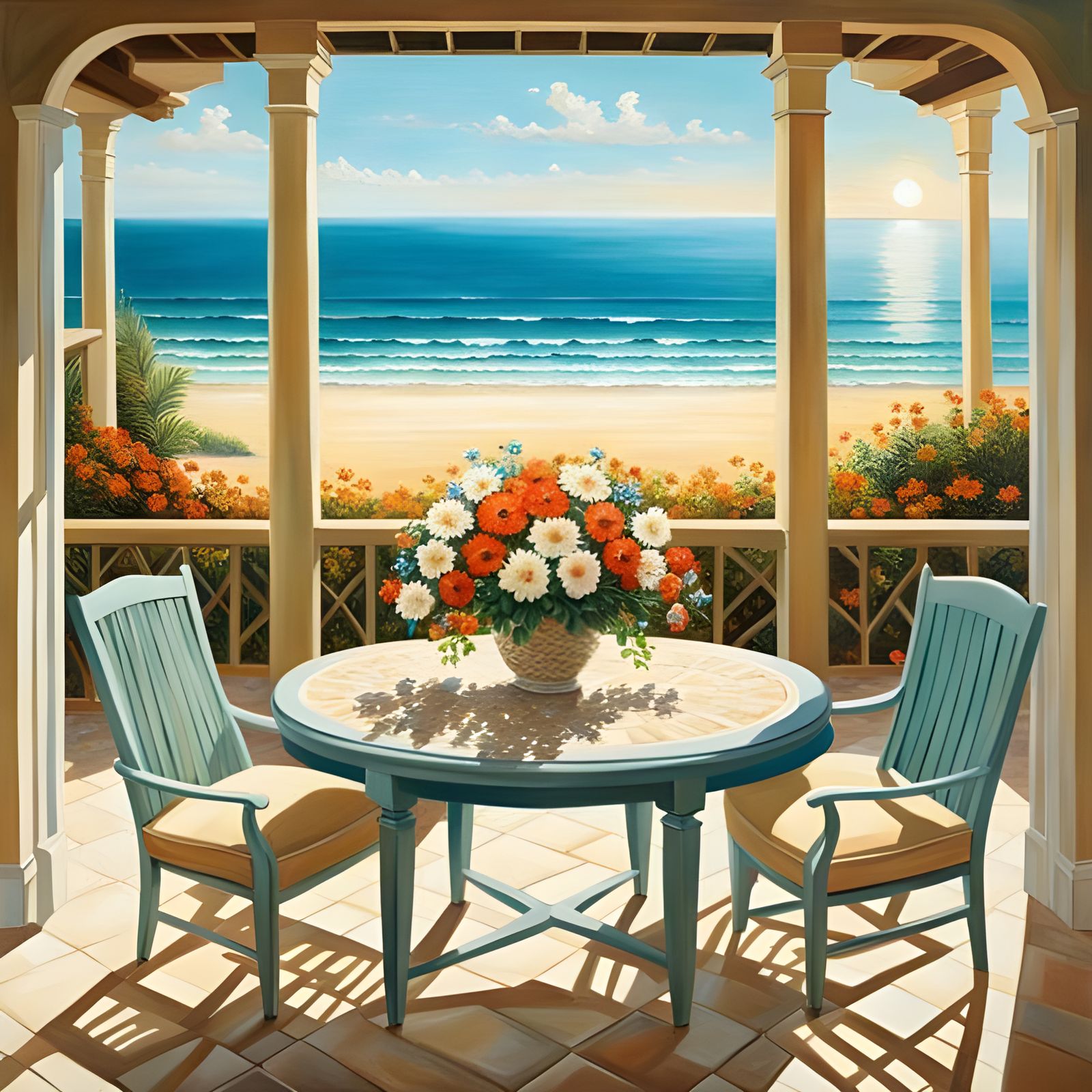 Oceanfront Patio with Floral Bouquet as Oil Painting
