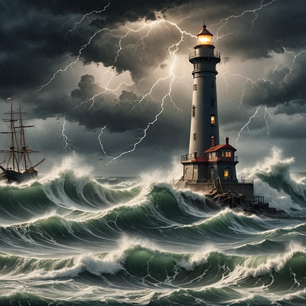 Lighthouse Shines Amidst Raging Storm