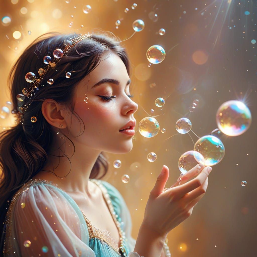 Enchanting Girl Blowing Whimsical Bubbles in Dreamy Illustra...