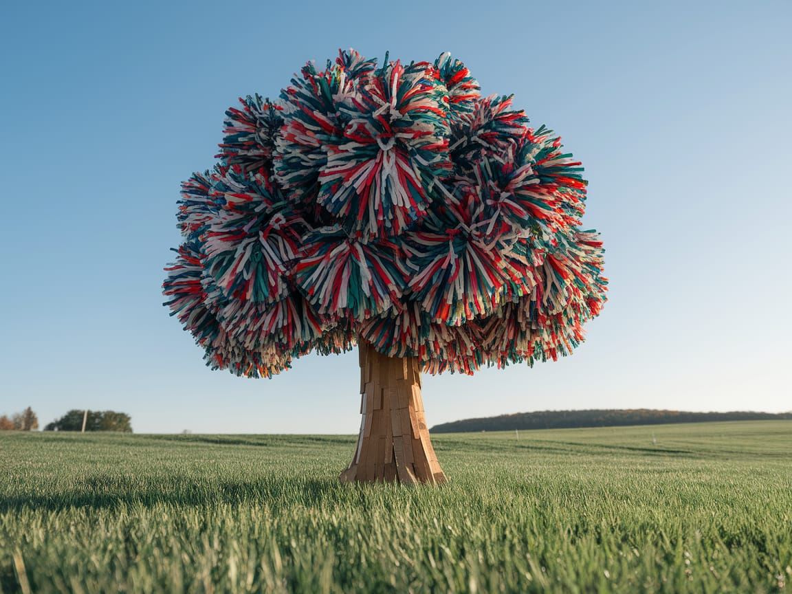 Pom Pom Tree in Field, Whimsical AI Art