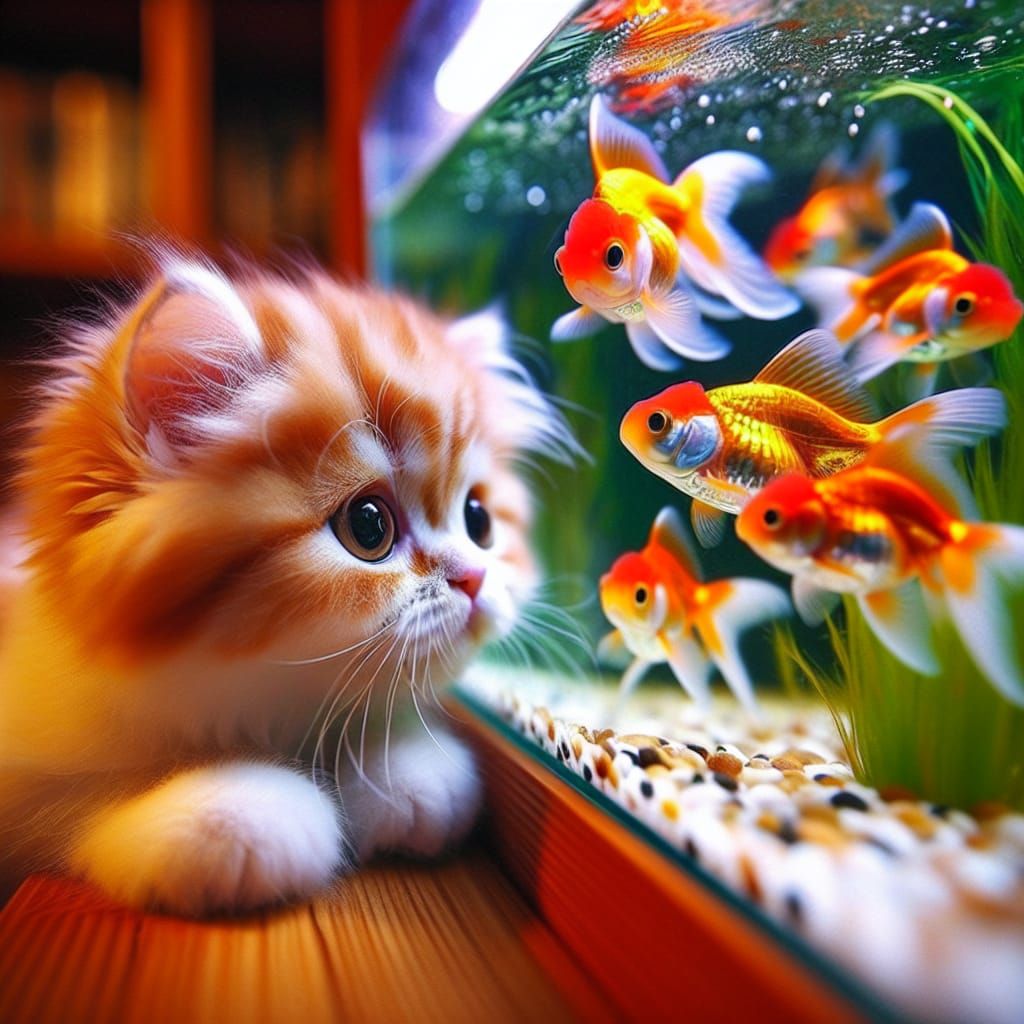 Kitty Gazing at Goldfish in Tank