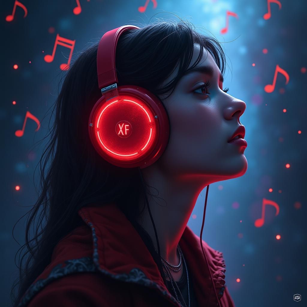 Woman with Headphones in Fantasy Matte Painting Style