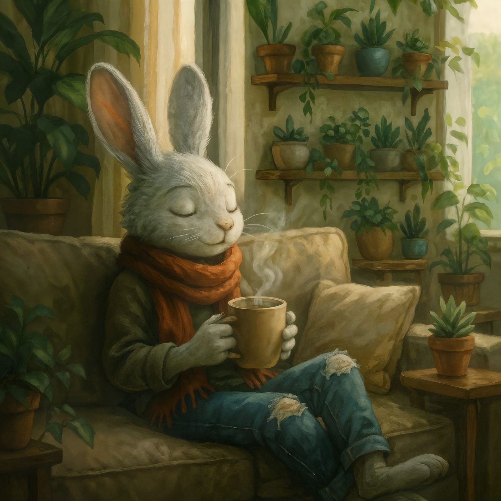 Cozy Rabbit Relaxing with Tea in Bright Room
