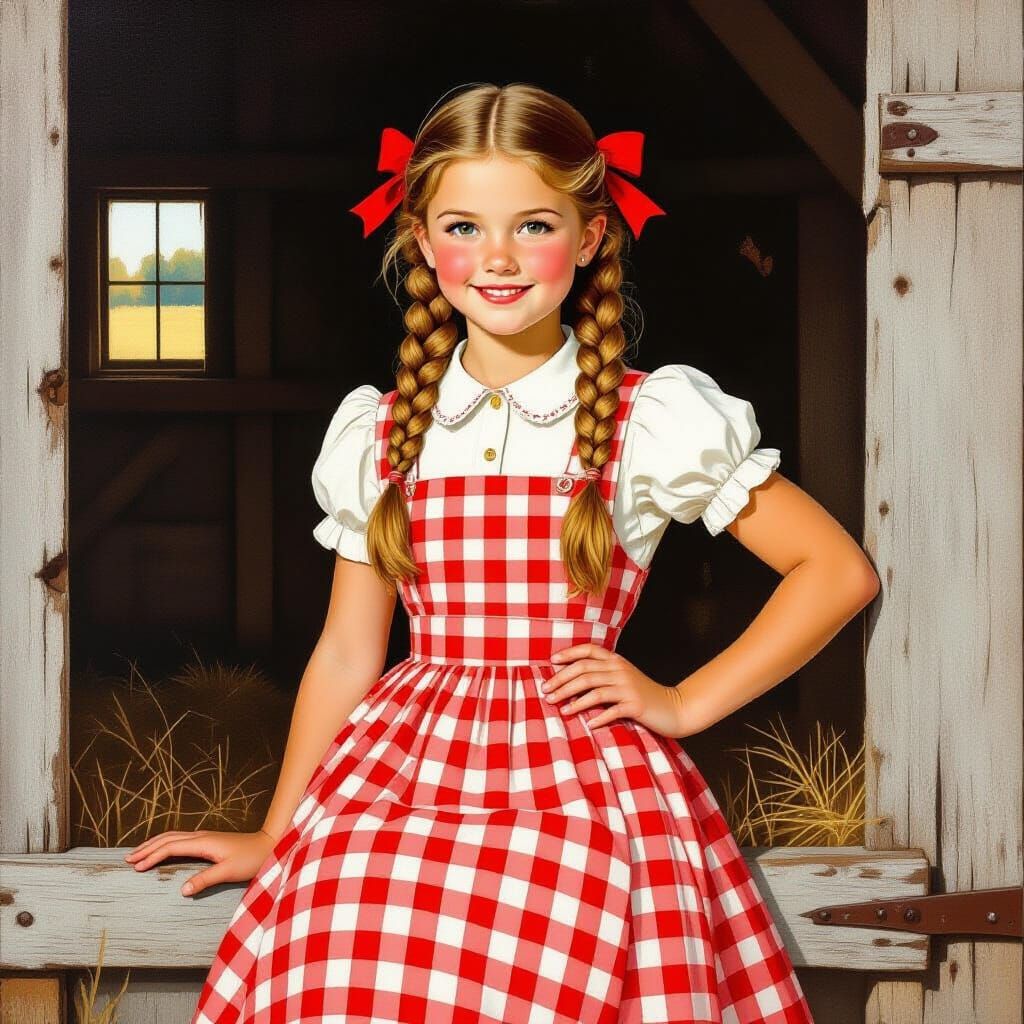 Folksy Caricature of Farm Girl in Rustic Barn