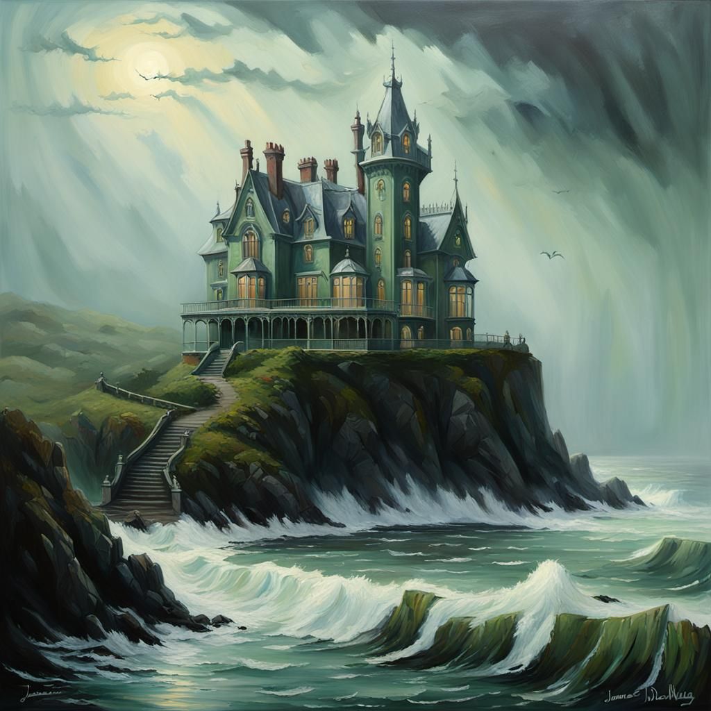 Gothic Mansion on Irish Coast in Impressionist Style