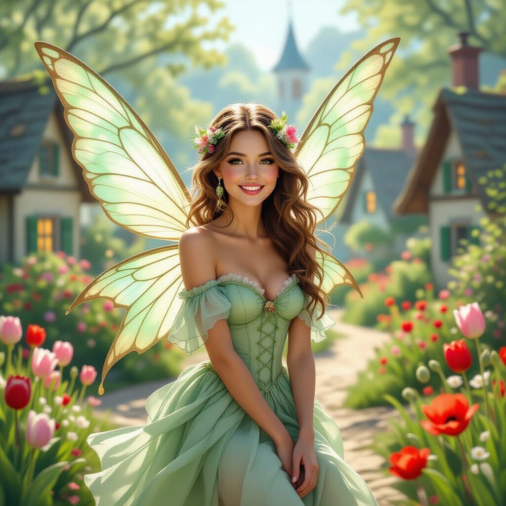 Smiling Fairy in Magical Village, Impressionist Style
