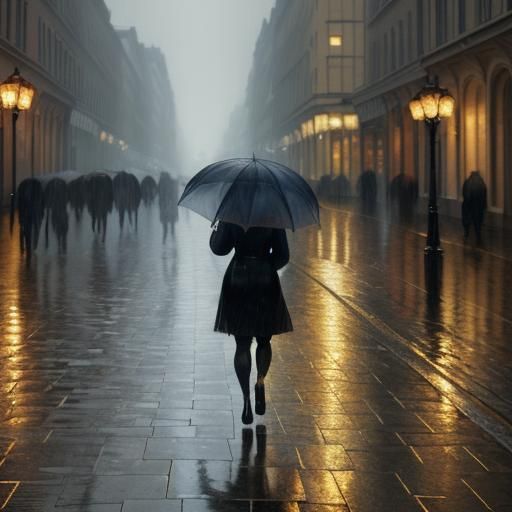 Rainy Day Impressionist Painting of Woman with Umbrella