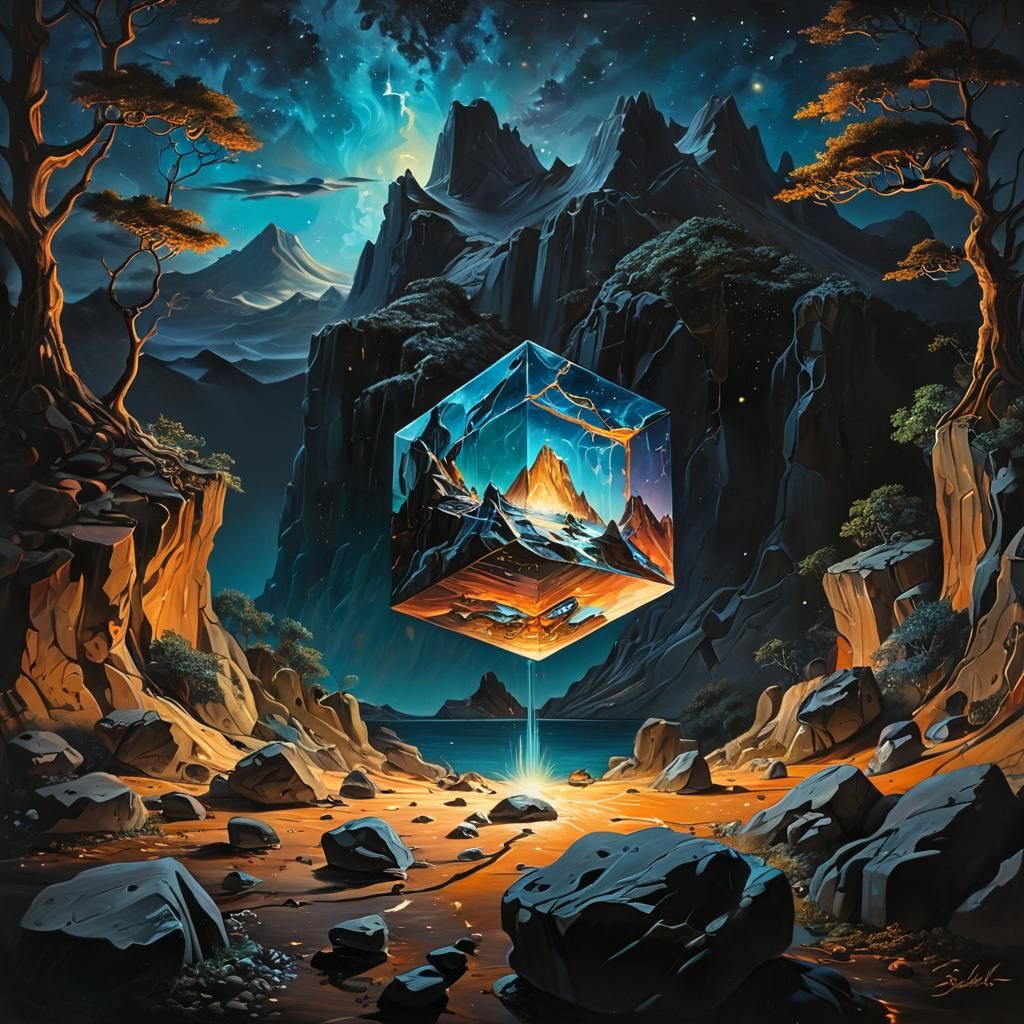 Surreal Landscape with Hollow Cube, Bioluminescent Art