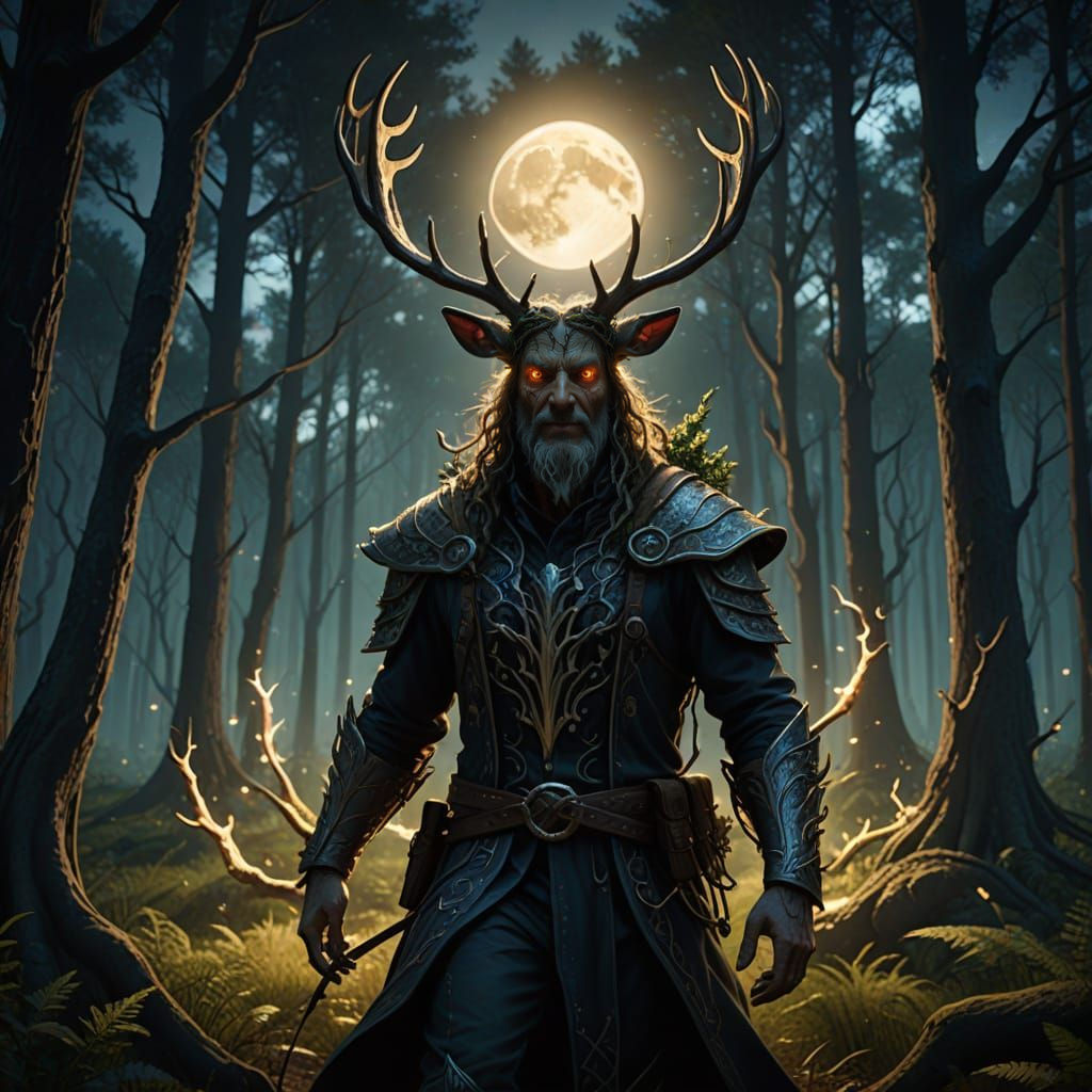 Enchanted Forest Spirit Dances Beneath Starry Skies in Cyber...