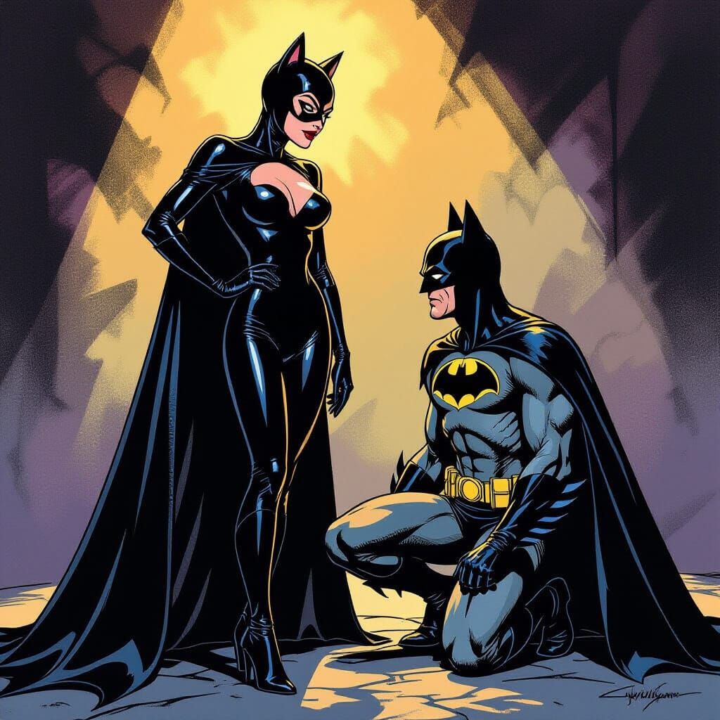 Catwoman Hypnotizes Batman in Latex Catsuit Noir Comic Art