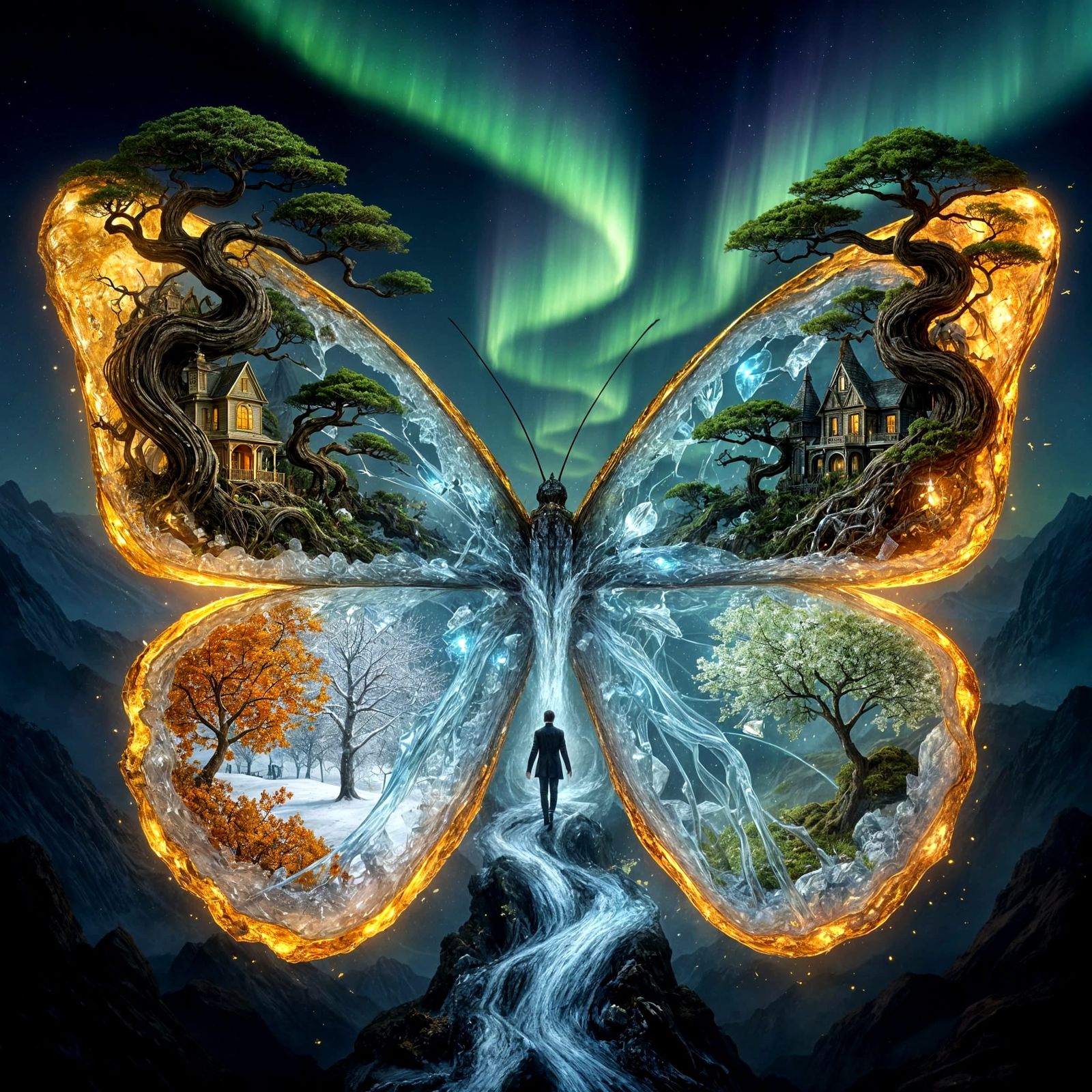 Surreal Geode Butterfly with Aurora Borealis