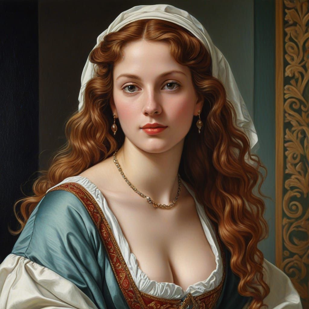 Monegasque Woman in Traditional Garb as Botticelli Oil Paint...