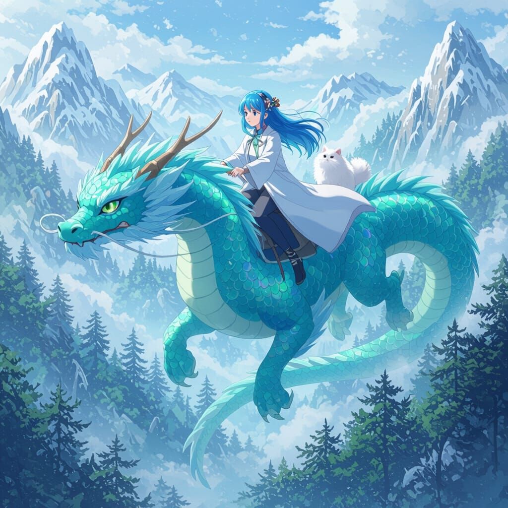 Anime Girl Rides Aqua Dragon with Cat Over Snowy Forest