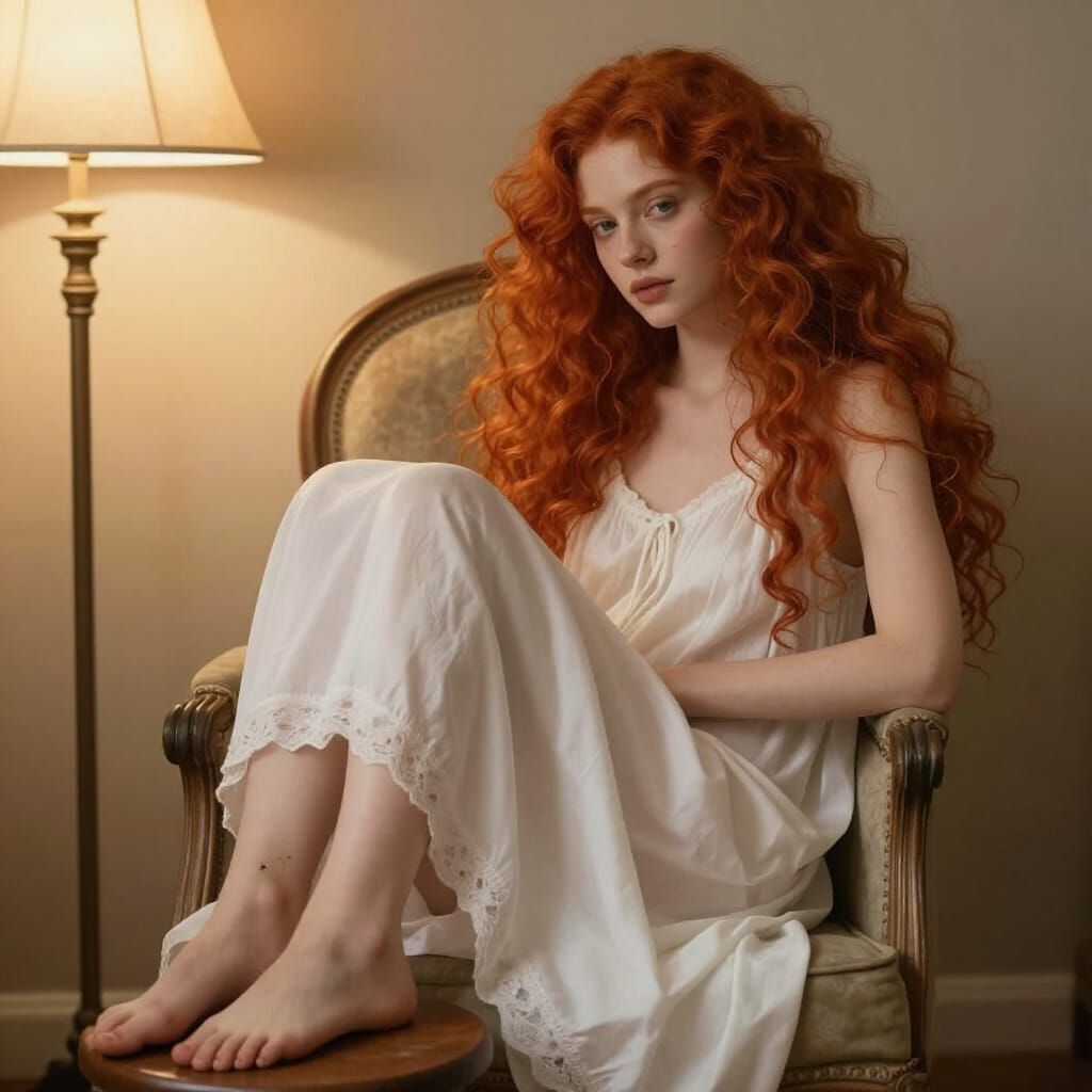 Redhead in Nightie on Armchair with Dirty Feet