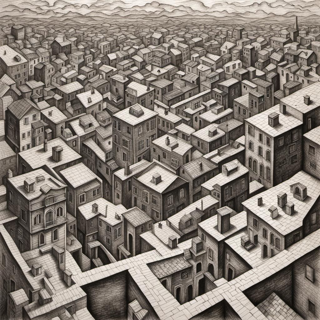 Cityscape in M.C. Escher Style Charcoal Drawing