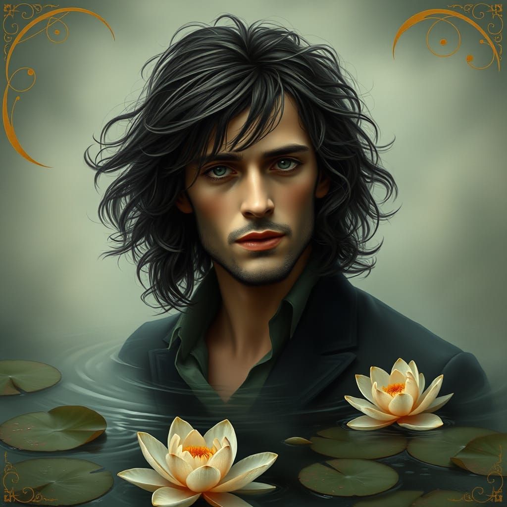 Ethereal Gentleman in Art Nouveau Waterscape
