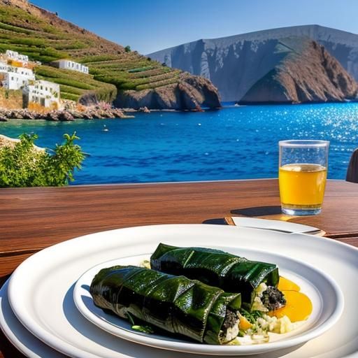 Authentic Greek Dolmas with Coastal Village Backdrop