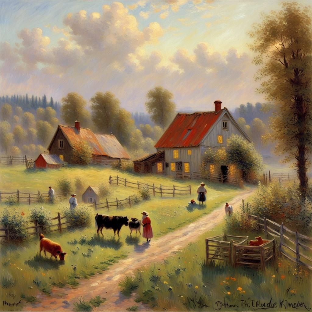 Idyllic Scandinavian Farm Life in Impressionist Style